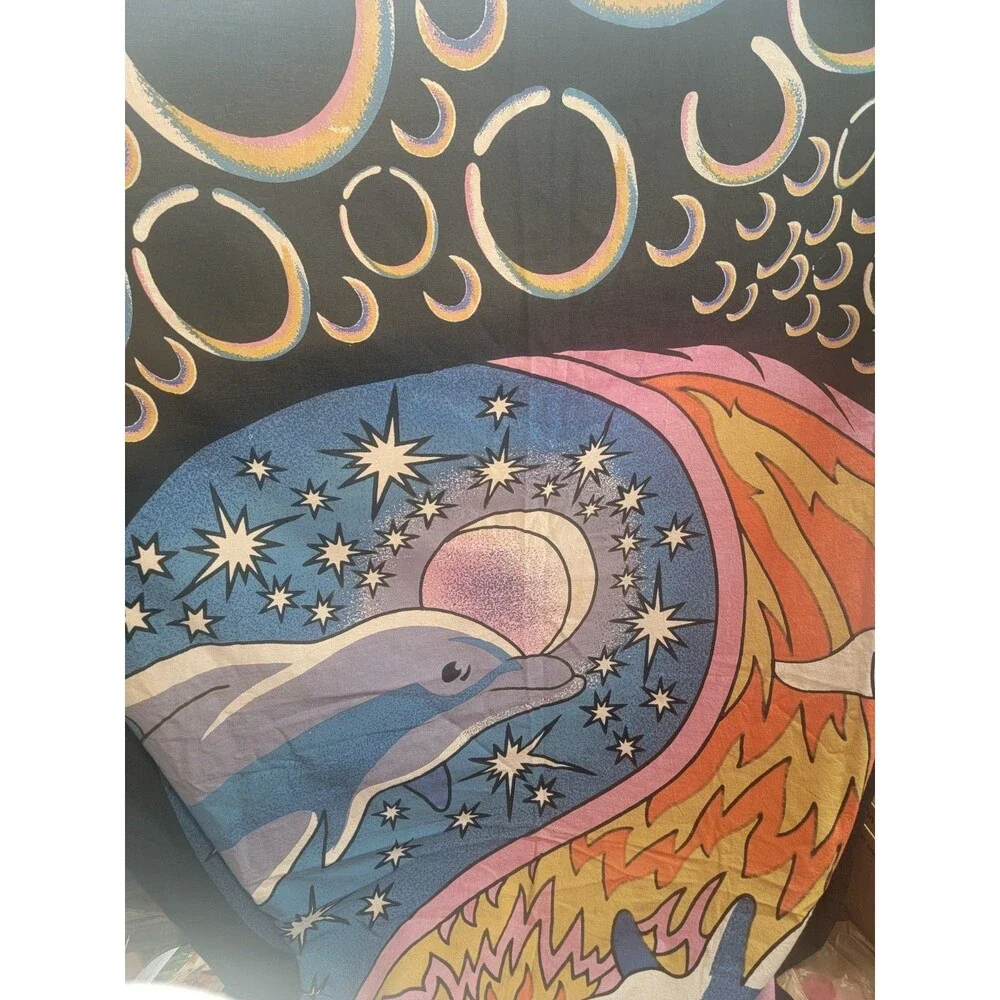 Sun Moon Dolphin Yin Yang Celestial Screen Print Tapestry 58x86